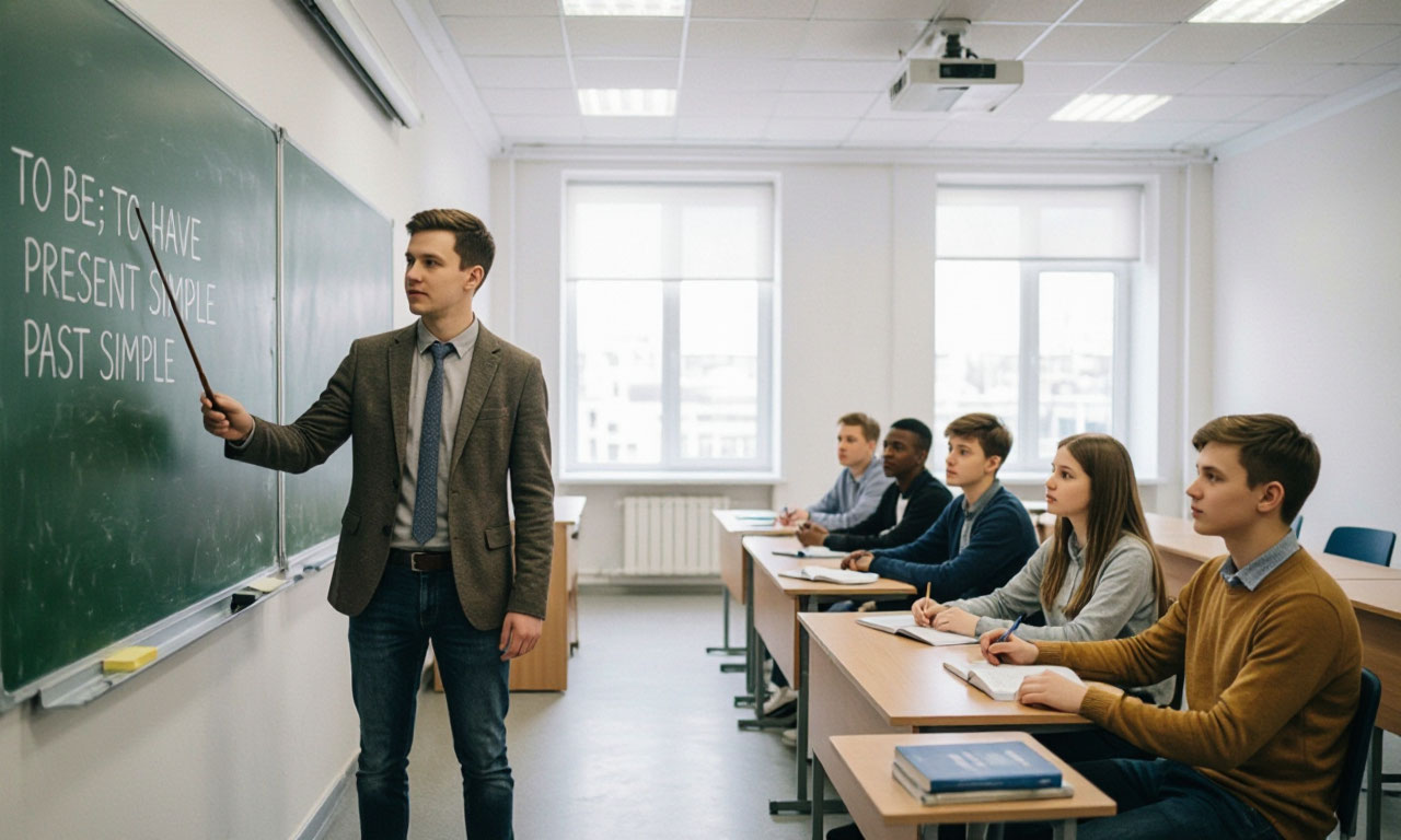 Преподаватель и группа студентов на уроке английского